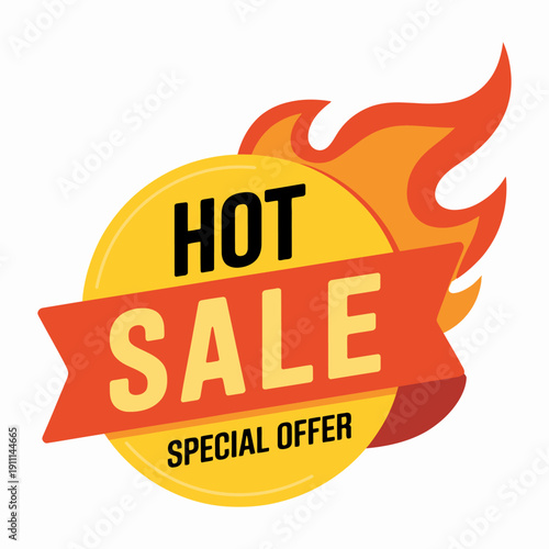 hot sale vector flaming label, fire badge discount sticker design, special offer marketing concept, retail promotion tag, ecommerce sales event graphics, modern advertisement illustration for shopping