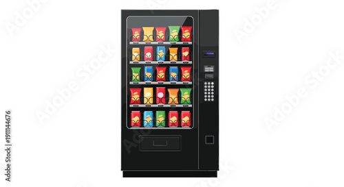 Black automatic vending machine filled with colorful snack bags and beverage cans on a white background.