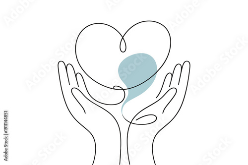 Hands holding heart with water drop line art