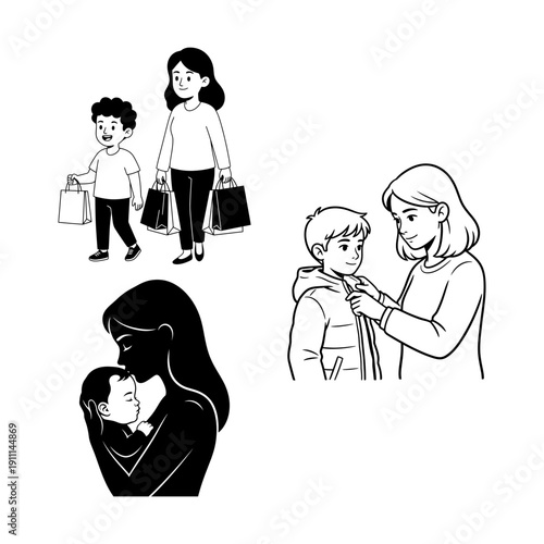 Dia de la Madre icon bundle with baking scene, girls holding heart, chef woman with pan and floral wreath Feliz Dia de la Madre text