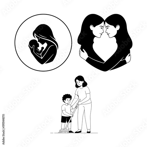 Dia de la Madre lifestyle bundle with mother and son cooking, working mom laptop with baby, mother daughter hug and breakfast in bed