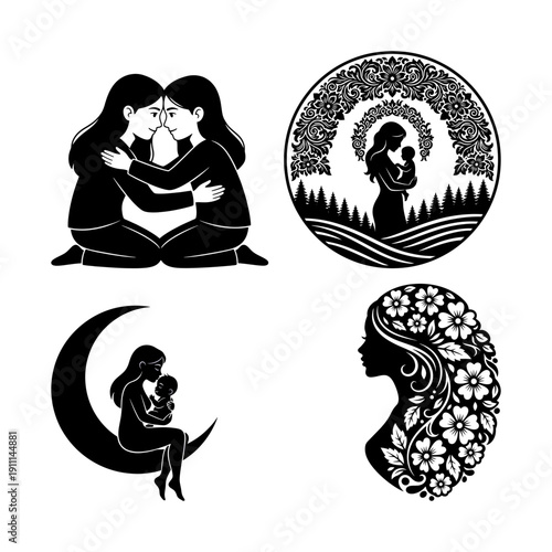 Dia de la Madre icon set with child giving pie, floral woman profile emblem, mother and baby cuddle, Feliz Dia de la Madre rose