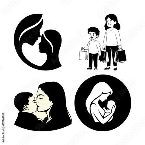 Dia de la Madre decorative silhouette bundle with embrace scene, ornate floral circle, moon mother and baby, woman profile