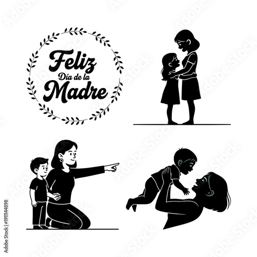 Dia de la Madre bundle with wreath text, mother and daughter hug, mom pointing with son and playful baby lift silhouette