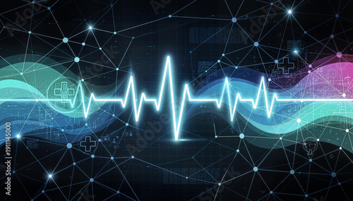 Abstract healthcare data network with glowing nodes and heartbeat line on dark background with connections