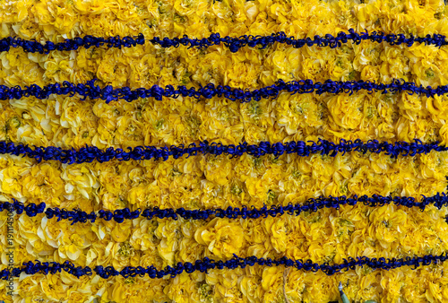 Floral decoration with yellow tulips and purple hyacinths