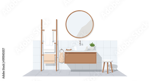 A stylish bathroom interior features a floating wooden vanity with a vessel sink, a round mirror, and a wooden towel ladder.
