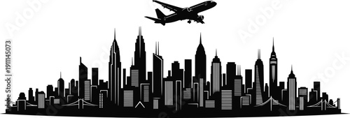 Black and white city skyline with airplane flying overhead buildings skyscrapers