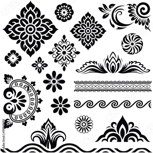 Thai Decorative Pattern Featuring PraJamYam Flower of Thailand, Traditional Thai Art Borders, and Kranok Decorative Leaves in Classic Lai Thai Design.