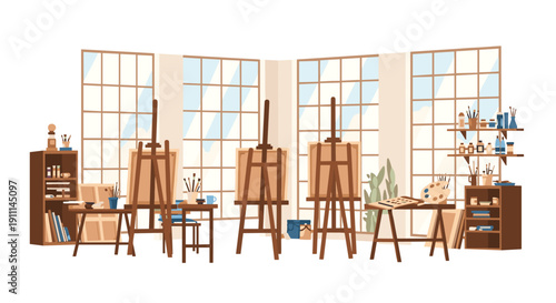 An empty art studio with several easels, painting tables, and supplies neatly arranged in a bright room with large windows.