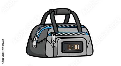 A small gray duffel bag with blue accents features a digital clock displaying 10:30 on its front pocket.