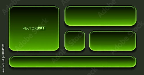 Set of glowing green neon buttons and frames on a dark background. Modern UI elements for web design.