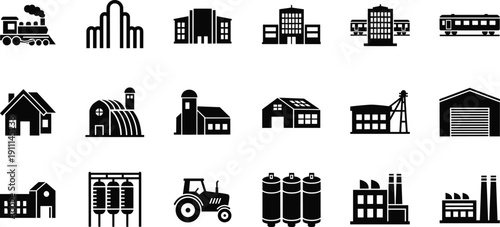 Black and white of industrial buildings and vehicles