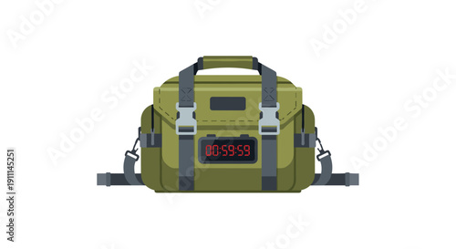 An olive green military-style bag with straps and buckles features a digital timer displaying 00:59:59.