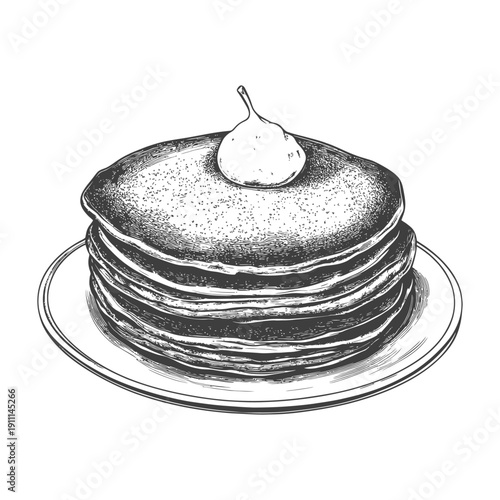 A tall stack of pancakes with a dollop of cream on top