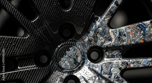 Extreme macro of car rim made from recycled plastic composite and carbon fiber with water droplets