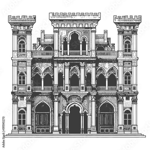 An elaborate ornate building with towers and arched architectural details