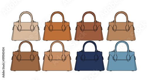 Eight identical small women's handbags with top handles are displayed in various shades of brown and blue.
