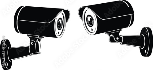Black and white of two security cameras surveillance CCTV monitoring