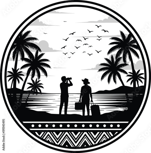 Black and white of two people looking out at a tropical beach scene with palm trees and birds