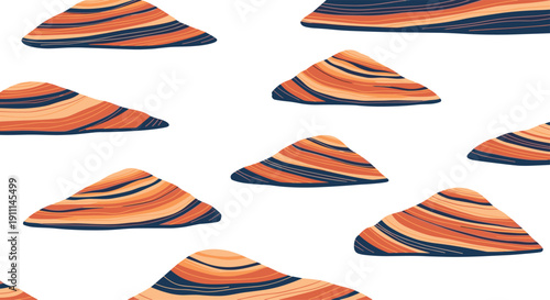 A seamless pattern with scattered abstract organic shapes and horizontal stripes in orange, blue, and brown.