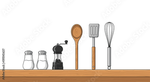 A row of various kitchen utensils and seasoning containers, including salt and pepper shakers, stands on a wooden shelf.