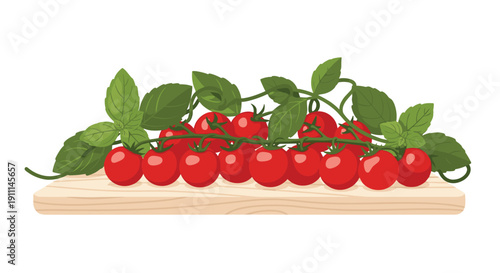 Fresh red cherry tomatoes on the vine with green leaves and basil rest on a light wooden cutting board.