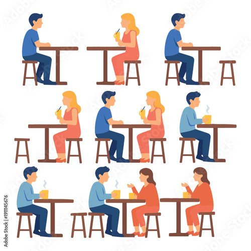 A flat vector illustration set showing different people and couples sitting at cafe tables drinking coffee and having conversations.