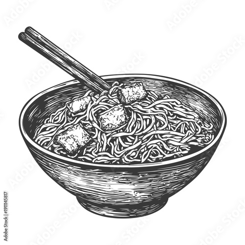 A bowl of noodles with tofu and chopsticks is depicted