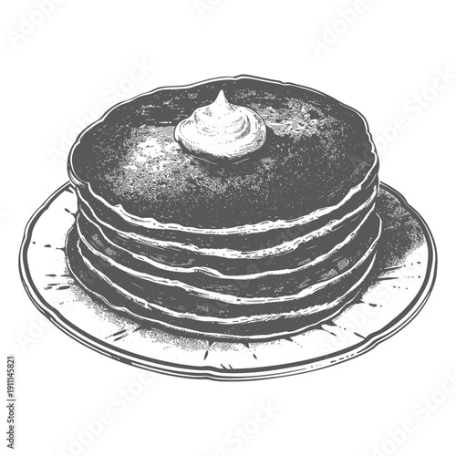 A stack of pancakes topped with a dollop of cream on a plate