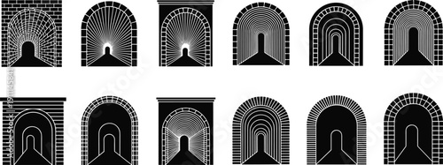Black and white tunnel entrances with brick arches and radiating lines