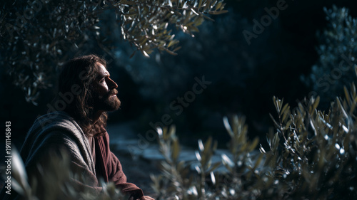 Jesus Christ Praying in the Garden of Gethsemane at Night