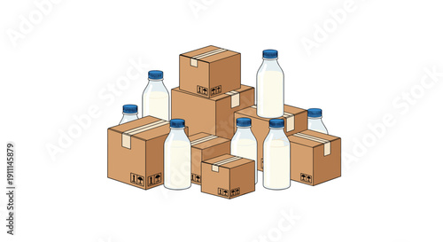 A stack of brown cardboard boxes is surrounded by clear glass bottles filled with white liquid and blue caps.
