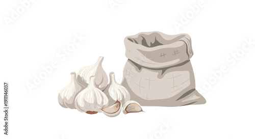 A light brown sack sits next to a pile of whole garlic bulbs and separate cloves on a clean white background.