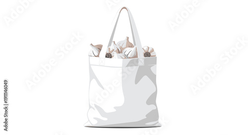 A plain white reusable canvas tote bag is filled with several whole garlic bulbs on a clean white background.