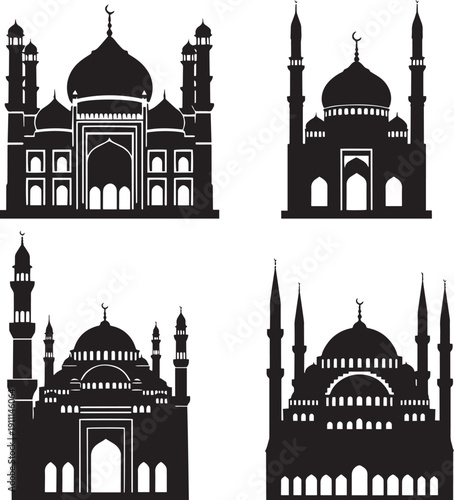 Collection of black silhouettes of various mosques and Islamic architecture, representing cultural heritage and religious sites, detailed designs for graphic use, iconic buildings