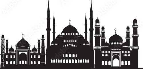 Panoramic silhouette of multiple mosques and Islamic structures, creating a majestic skyline, rich in detail, representing religious centers and architectural beauty, vector illustration
