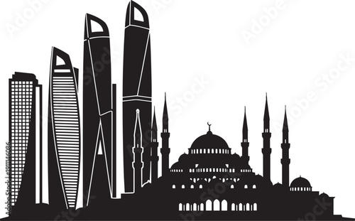 Silhouette of a modern city skyline blending with traditional Islamic mosque architecture, juxtaposition of old and new, urban development and religious faith, vector art