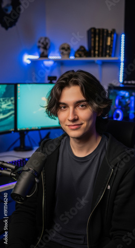 Young streamer with dark hair smiling at camera in his gaming room with microphone and dual monitors, showcasing content creation.