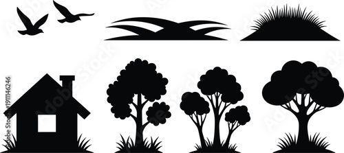 Black silhouettes of house trees birds and grass on white background