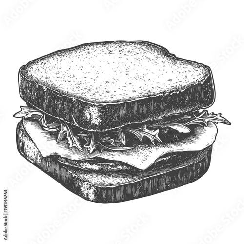 A layered sandwich with bread and fresh greens is depicted