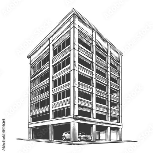 An architectural drawing presents a multistory parking structure building