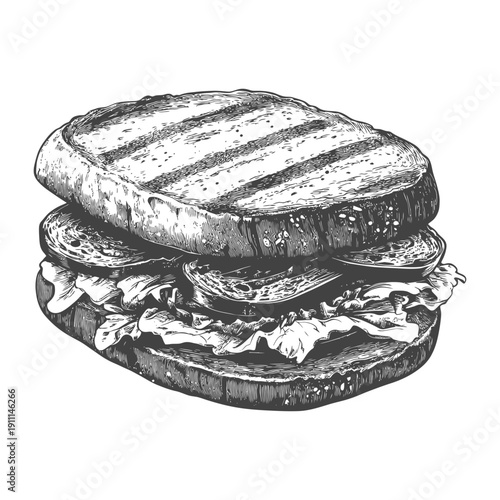 A detailed illustration of a delicious grilled sandwich is present