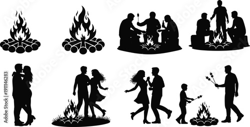 Black silhouettes of people camping and socializing around campfires