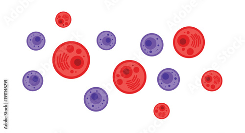 Red and purple stylized cells or microorganisms of different sizes are distributed across a clean white background.