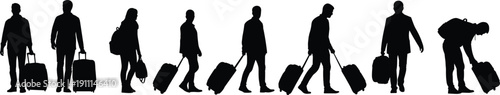 Black silhouettes of people walking with luggage on white background travel