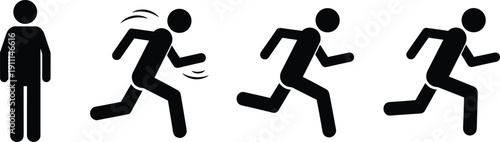 Black stick figures running in different poses white background motion