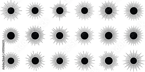 Black sunburst shapes with varying line lengths and angles white background abstract shapes line geometric patterns