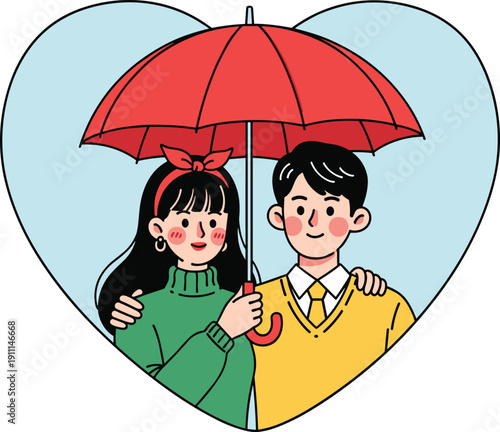 Cartoon couple under red umbrella heart background smiling