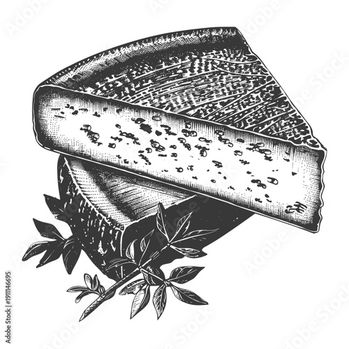 A detailed drawing of a cheese wedge with leaves beneath it